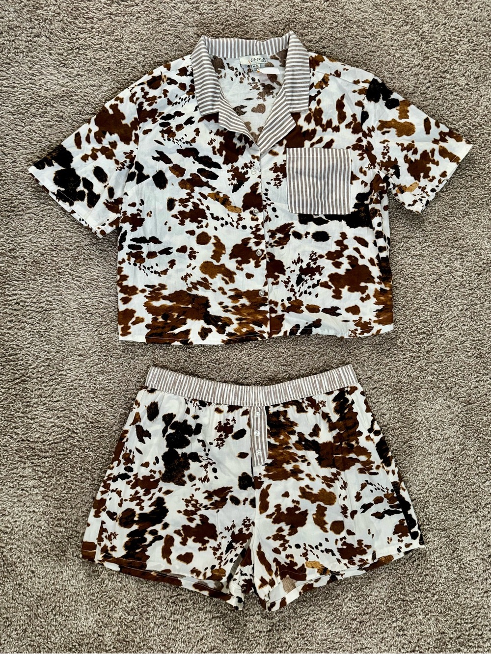 Como Sleep Cow Print 100% Cotton Pajama Set XL Brown & White Button Front Button